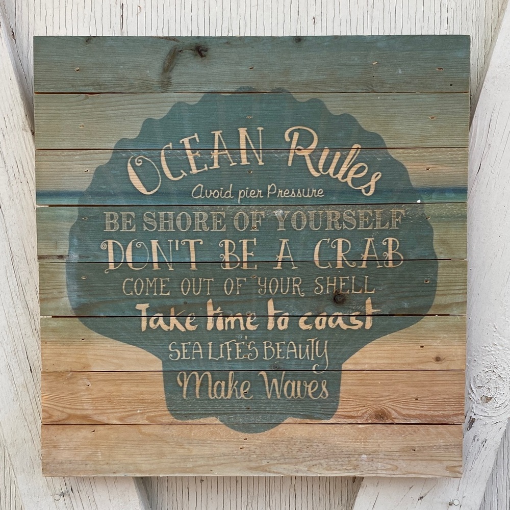 Coastal Shell Wall Art Sign in Teal and Natural Wood